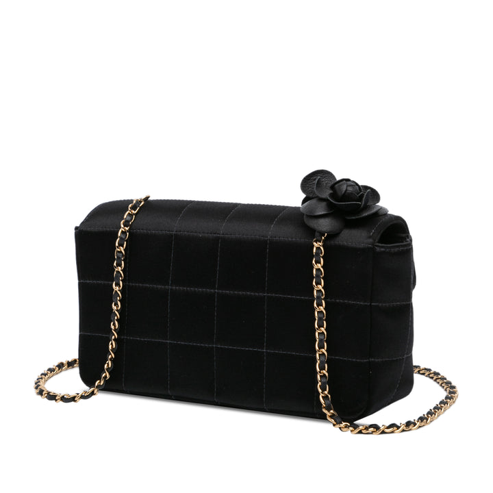 Mini Choco Bar Quilted Satin Camellia Flap Black - Gaby Paris