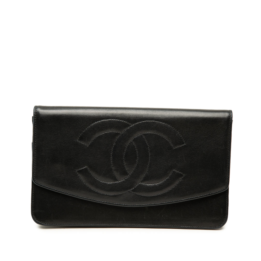 CC Surpiqué à rabat Portefeuille long Cuir d'agneau Noir