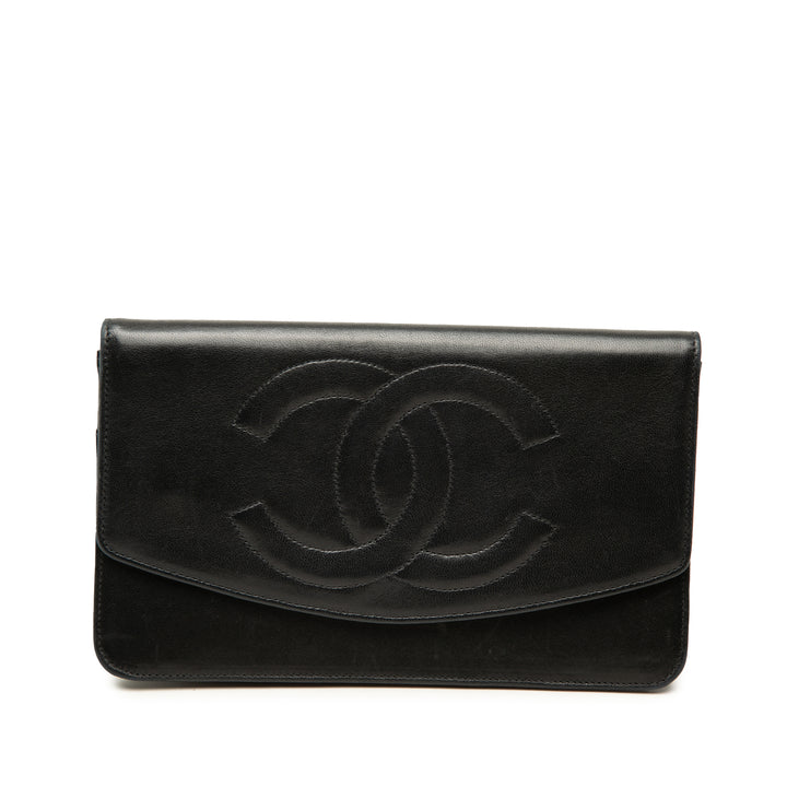 CC Surpiqué à rabat Portefeuille long Cuir d'agneau Noir