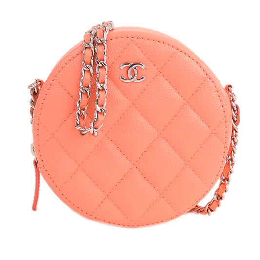 Quilted Caviar Round Clutch With Chain Pink - Gaby Paris