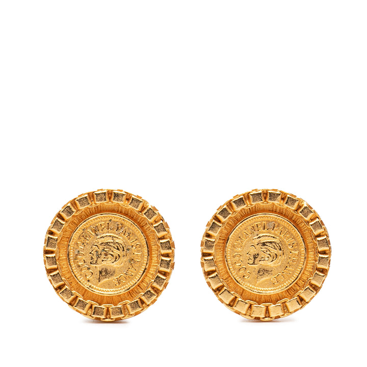Chanel plaqué Coco Coin Motif Clip On Boucles d’oreilles
