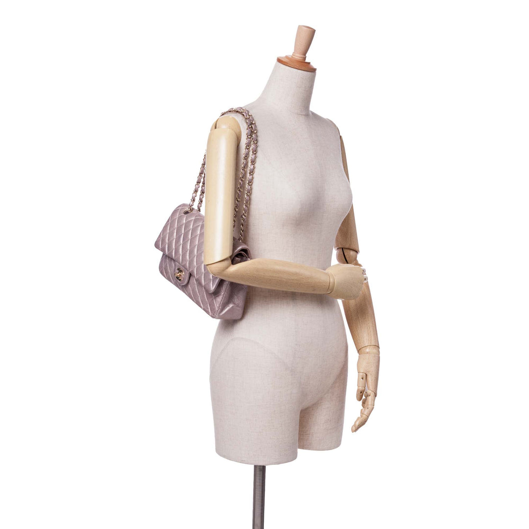 Medium Classic Iridescent Calfskin Double Flap Pink - Gaby Paris