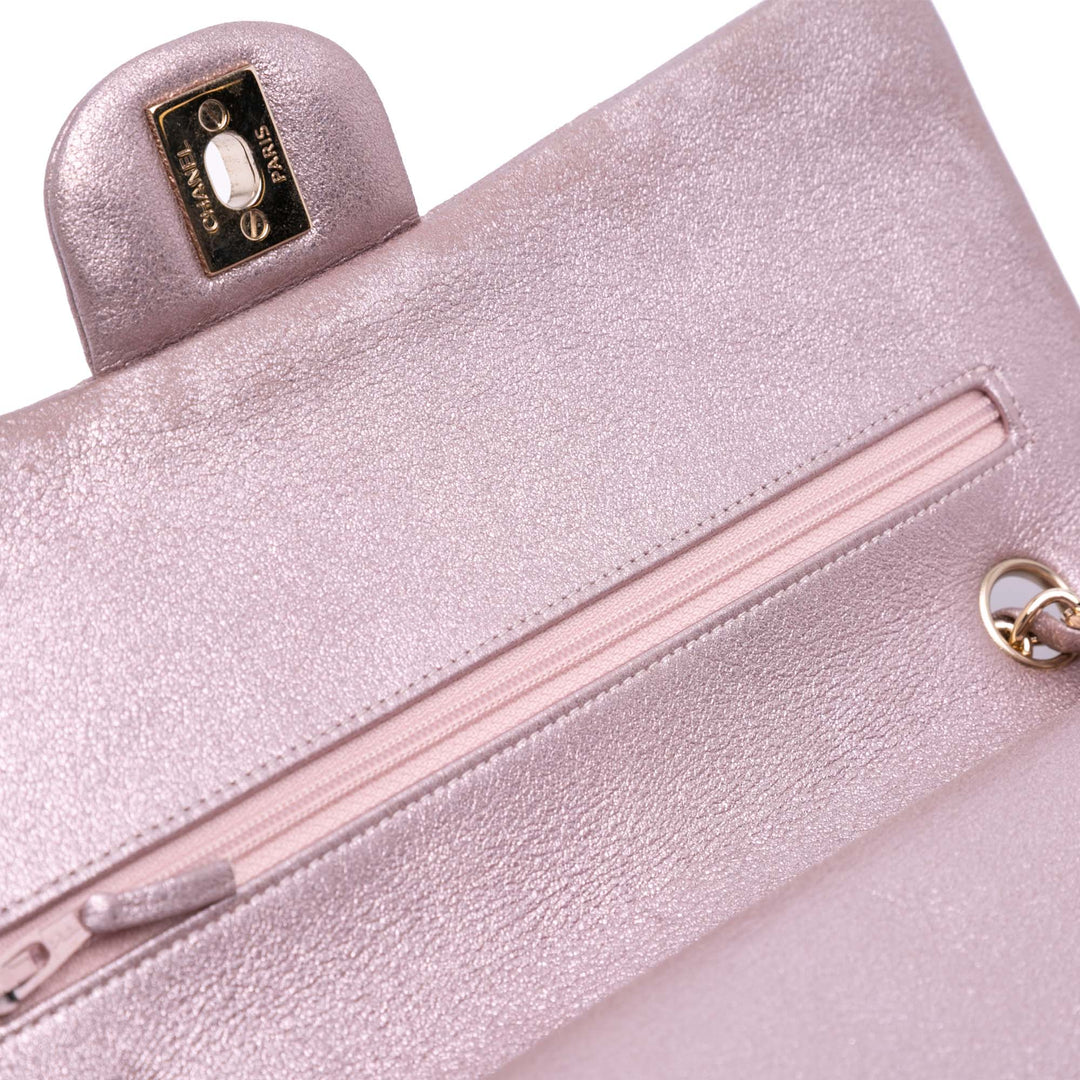 Medium Classic Iridescent Calfskin Double Flap Pink - Gaby Paris