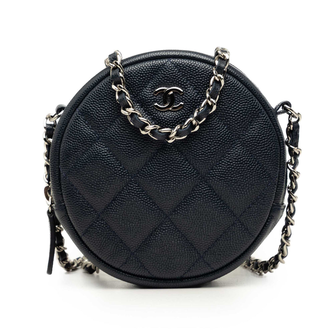 CC Matelassé Rond Pochette avec chaîne Cuir caviar Bleu