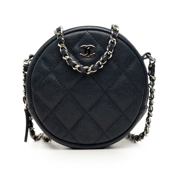 CC Matelassé Rond Pochette avec chaîne Cuir caviar Bleu