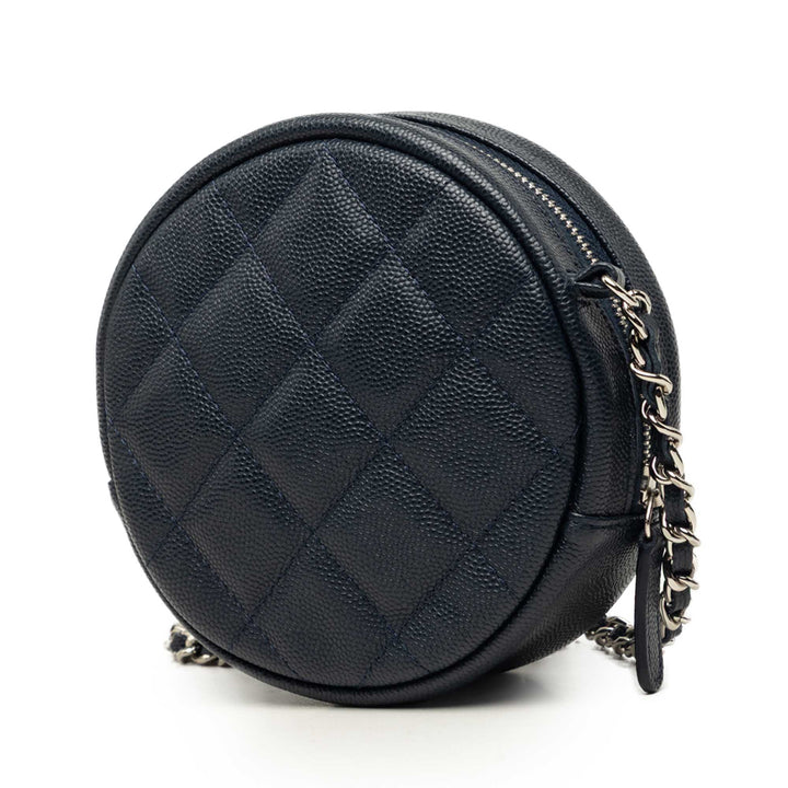 CC Matelassé Rond Pochette avec chaîne Cuir caviar Bleu