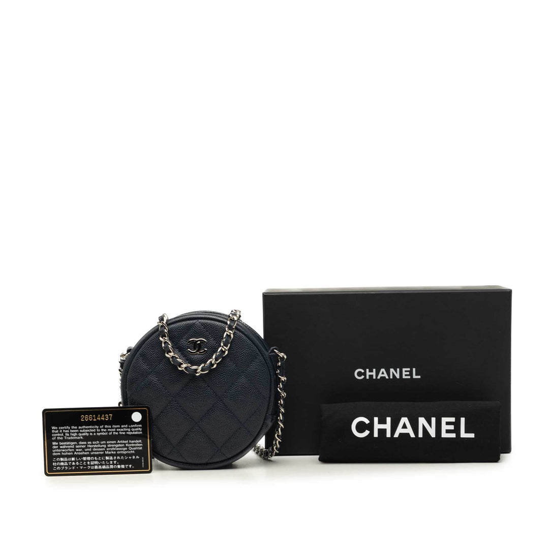 CC Matelassé Rond Pochette avec chaîne Cuir caviar Bleu