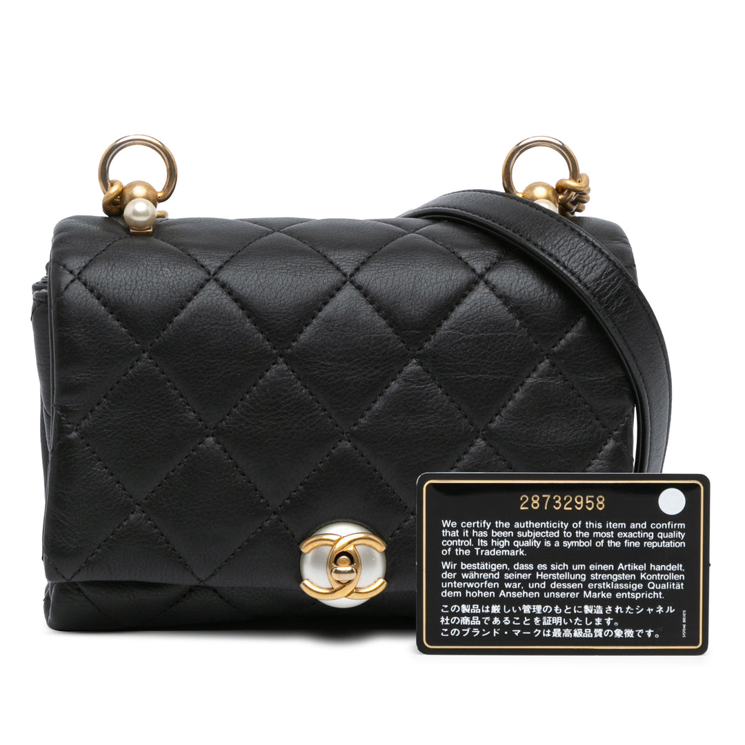 Mini Quilted Calfskin Pearl CC Accordion Flap Black - Gaby Paris