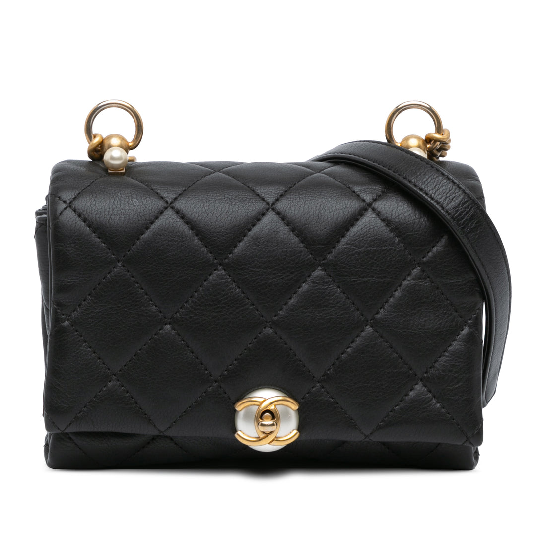 Mini Quilted Calfskin Pearl CC Accordion Flap Black - Gaby Paris