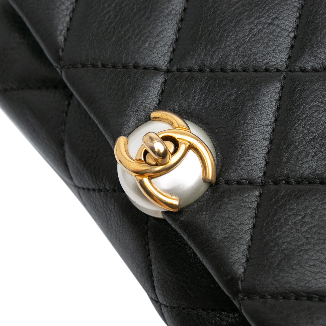 Mini Quilted Calfskin Pearl CC Accordion Flap Black - Gaby Paris