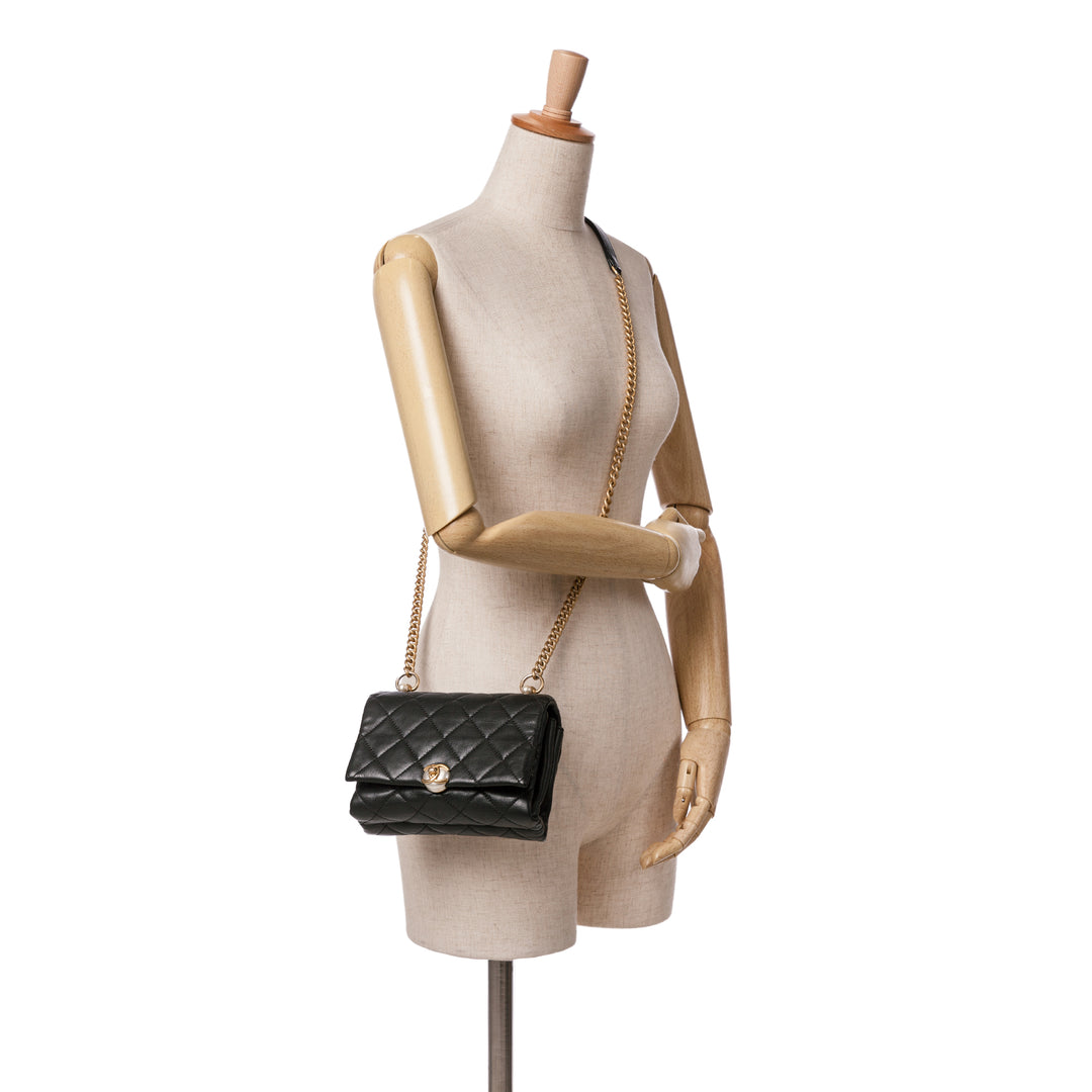 Mini Quilted Calfskin Pearl CC Accordion Flap Black - Gaby Paris