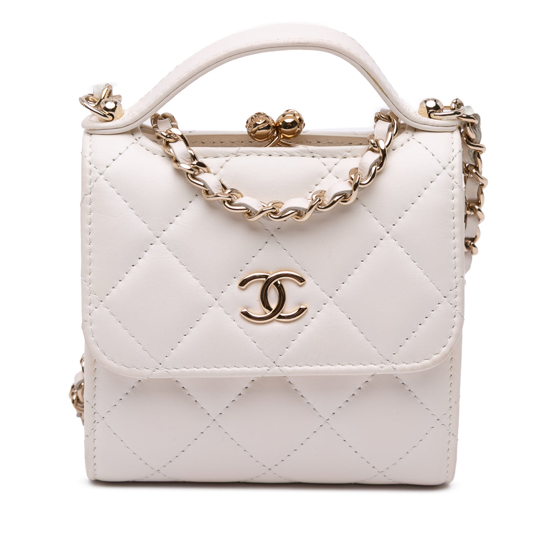 Mini CC Quilted Lambskin Kiss Lock Frame Top Handle Clutch with Chain White - Gaby Paris