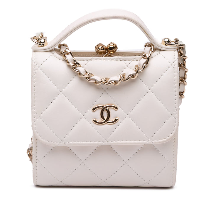 Mini CC Quilted Lambskin Kiss Lock Frame Top Handle Clutch with Chain White - Gaby Paris