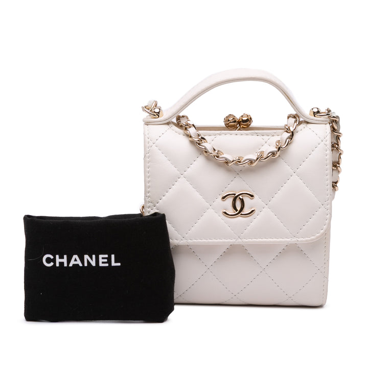 Mini CC Quilted Lambskin Kiss Lock Frame Top Handle Clutch with Chain White - Gaby Paris