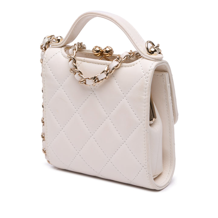 Mini CC Quilted Lambskin Kiss Lock Frame Top Handle Clutch with Chain White - Gaby Paris