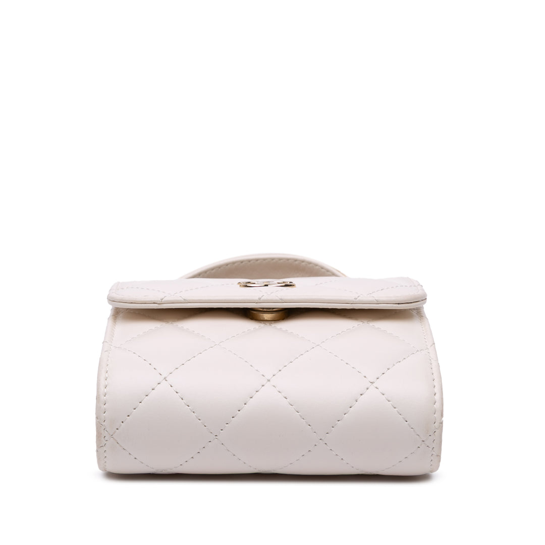 Mini CC Quilted Lambskin Kiss Lock Frame Top Handle Clutch with Chain White - Gaby Paris