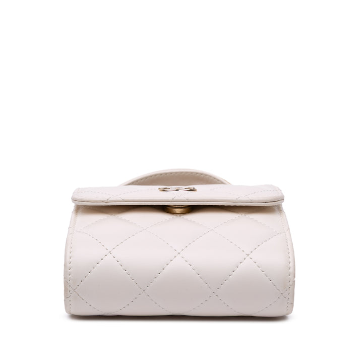 Mini CC Quilted Lambskin Kiss Lock Frame Top Handle Clutch with Chain White - Gaby Paris