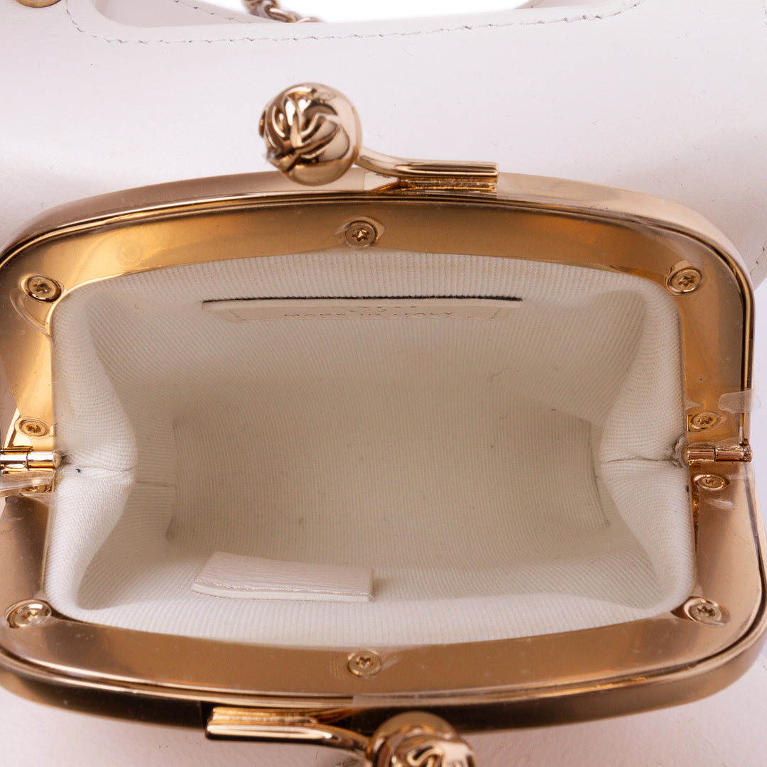 Mini CC Quilted Lambskin Kiss Lock Frame Top Handle Clutch with Chain White - Gaby Paris