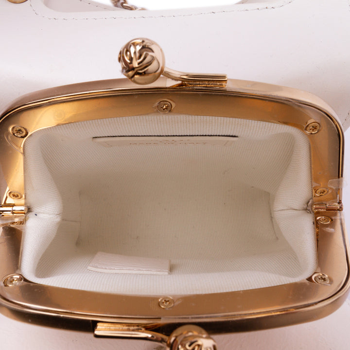 Mini CC Quilted Lambskin Kiss Lock Frame Top Handle Clutch with Chain White - Gaby Paris