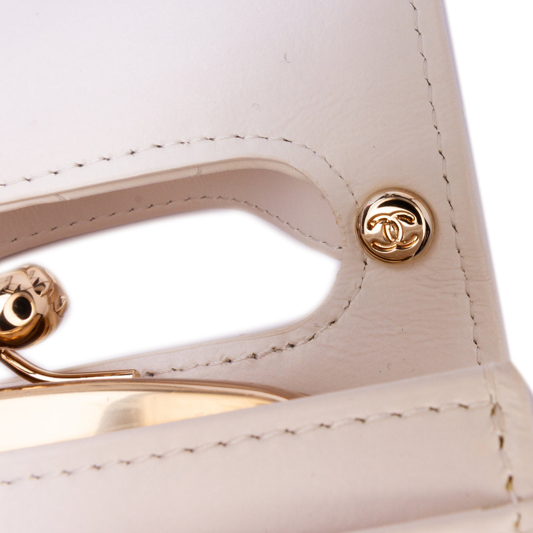 Mini CC Quilted Lambskin Kiss Lock Frame Top Handle Clutch with Chain White - Gaby Paris