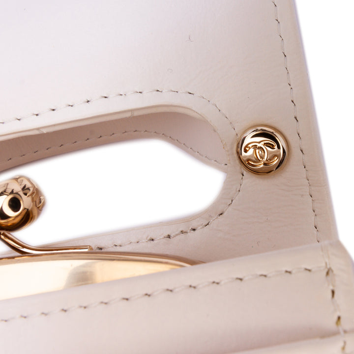 Mini CC Quilted Lambskin Kiss Lock Frame Top Handle Clutch with Chain White - Gaby Paris