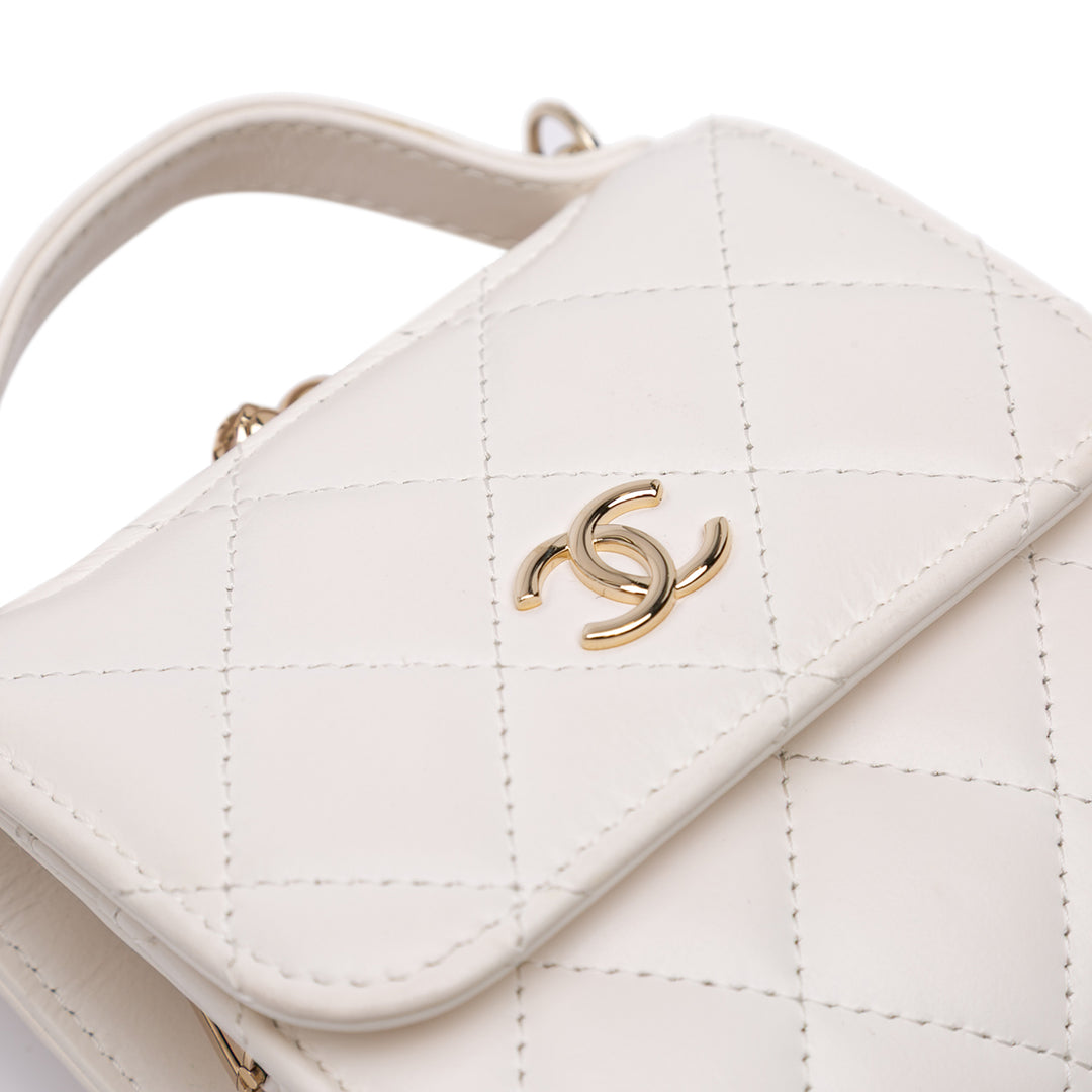 Mini CC Quilted Lambskin Kiss Lock Frame Top Handle Clutch with Chain White - Gaby Paris