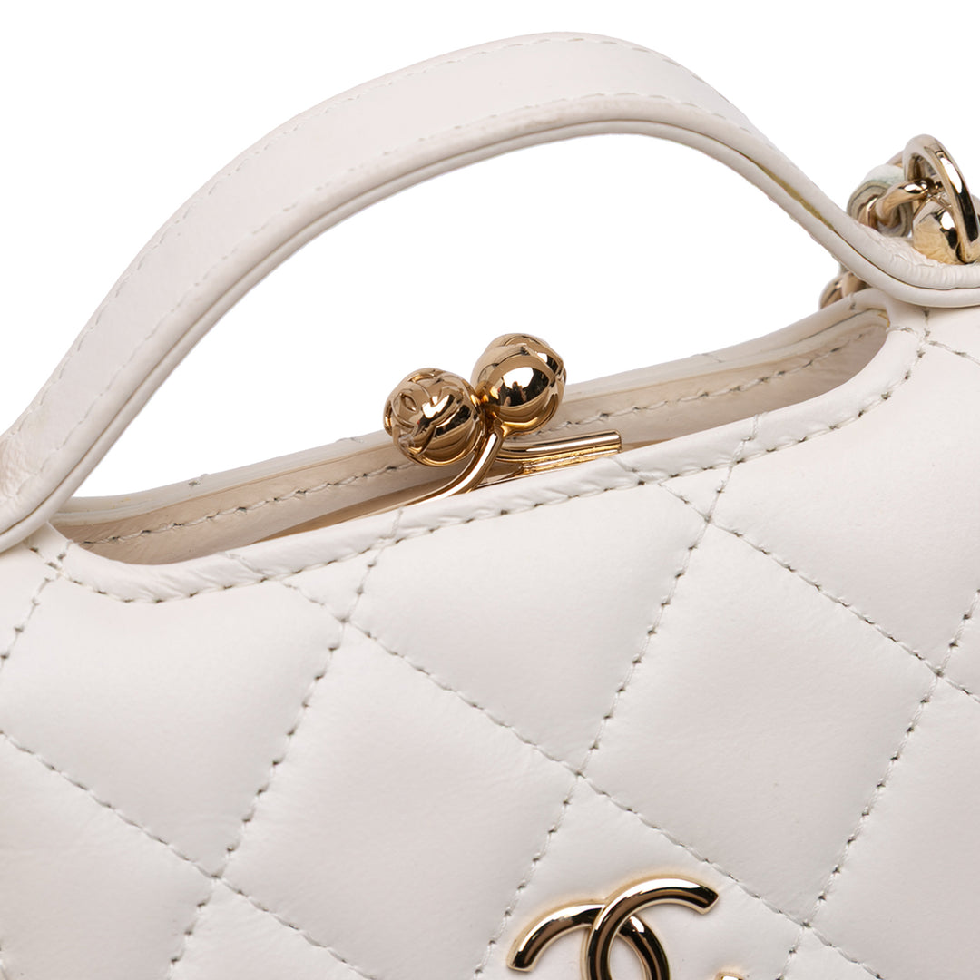 Mini CC Quilted Lambskin Kiss Lock Frame Top Handle Clutch with Chain White - Gaby Paris