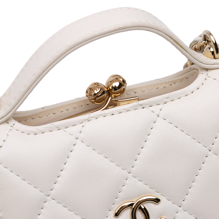 Mini CC Quilted Lambskin Kiss Lock Frame Top Handle Clutch with Chain White - Gaby Paris