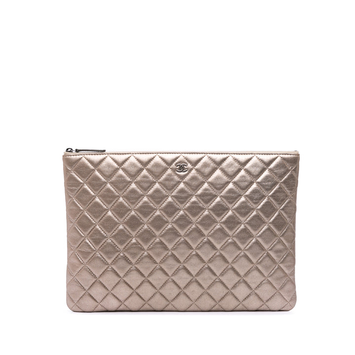 Large Quilted Metallic Lambskin O Case Clutch Gold - Gaby Paris