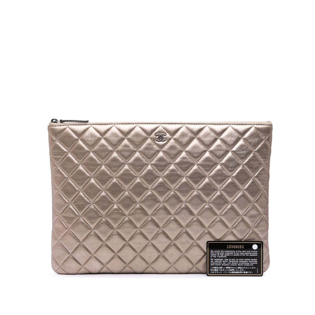Large Quilted Metallic Lambskin O Case Clutch Gold - Gaby Paris
