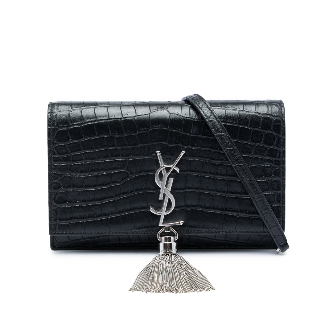 Saint Laurent Croc embossé Kate Pompon Wallet on Chain Noir – vue principale – GABY PARIS