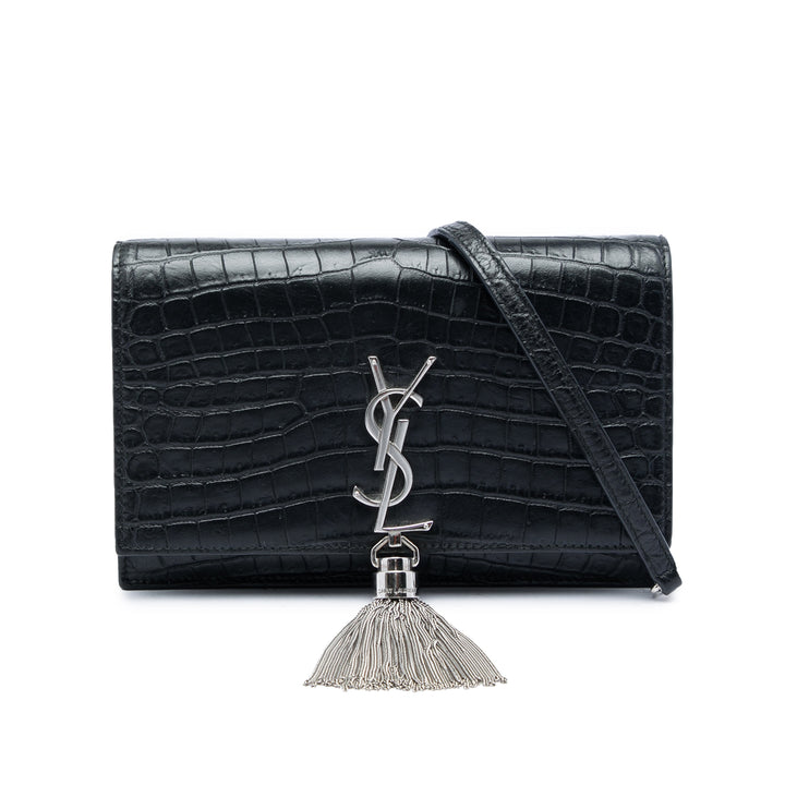 Saint Laurent Croc embossé Kate Pompon Wallet on Chain Noir – vue principale – GABY PARIS