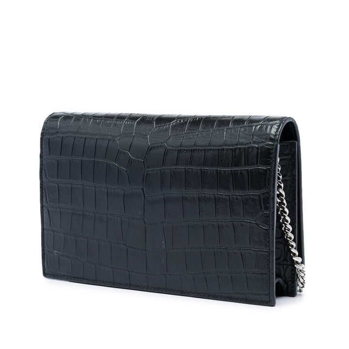 Saint Laurent Croc embossé Kate Pompon Wallet on Chain Noir – vue 2 – GABY PARIS