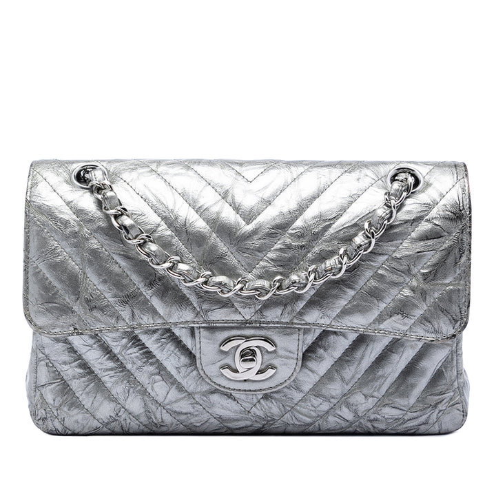 Chanel Small Classic Chevron Metallic Crumpled Cuir de veau Double rabat