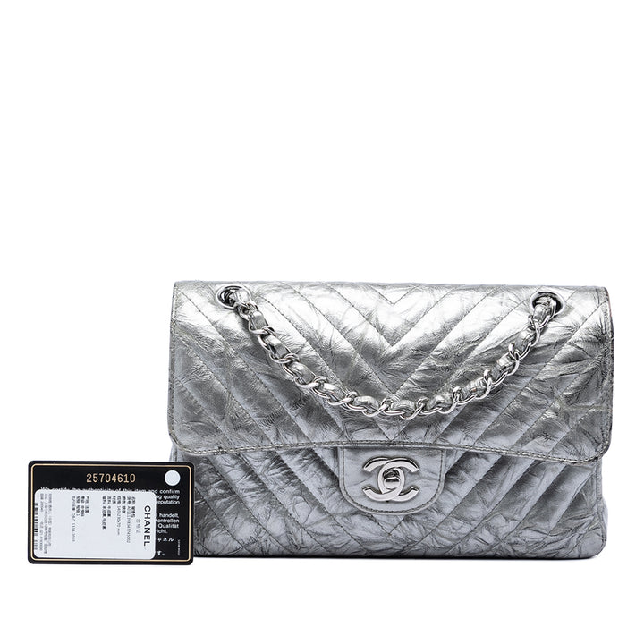 Chanel Small Classic Chevron Metallic Crumpled Cuir de veau Double rabat