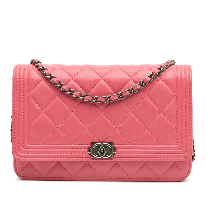 Lambskin Boy Wallet On Chain Pink - Gaby Paris