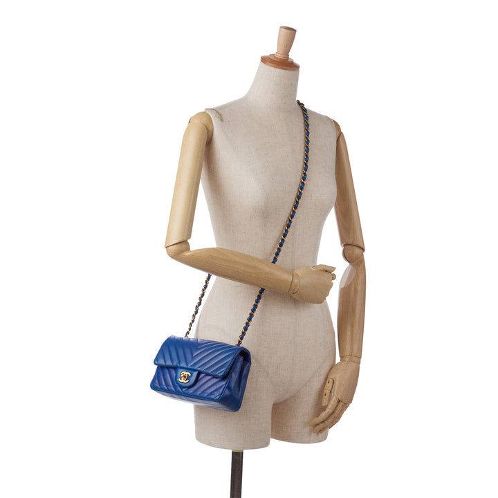 Mini Chevron Quilted Lambskin Rectangular Flap Bag Blue - Gaby Paris