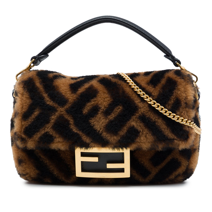 Fendi Zucca Shearling Baguette à chaîne Sac Mini Matière naturelle Marron – vue principale – GABY PARIS