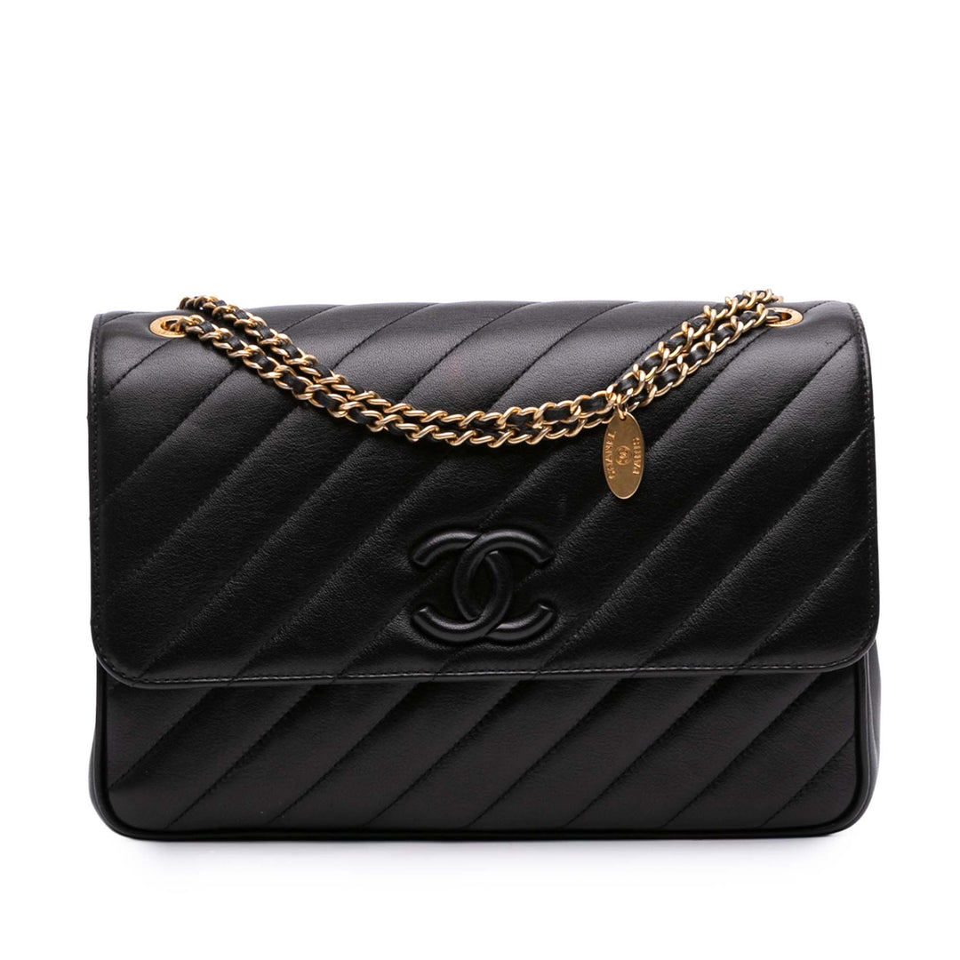 Chanel Diagonal Quilted Cuir d’agneau CC Signature Flap Noir – GABY PARIS Authentique