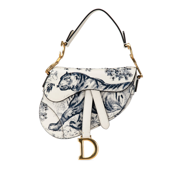 Mini Calfskin Toile de Jouy Saddle Bag White - Gaby Paris