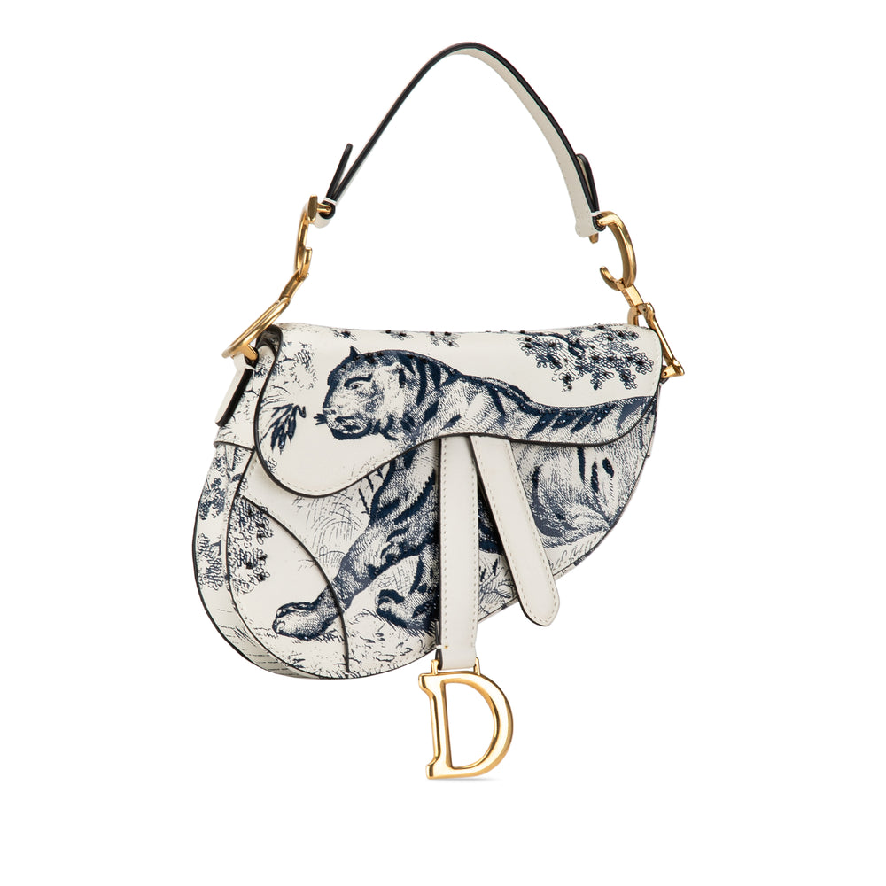 Mini Calfskin Toile de Jouy Saddle Bag White - Gaby Paris