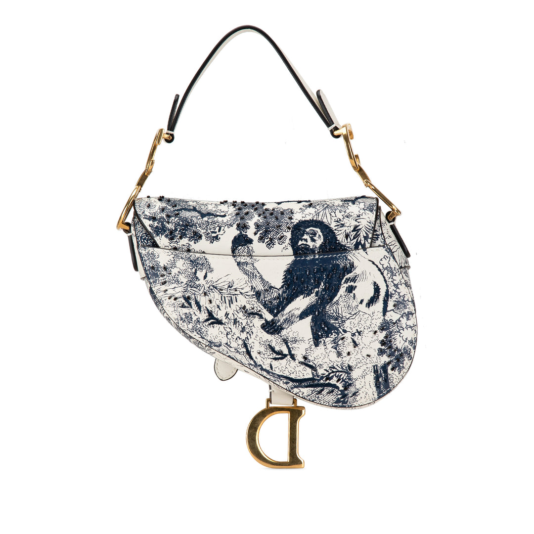 Mini Calfskin Toile de Jouy Saddle Bag White - Gaby Paris