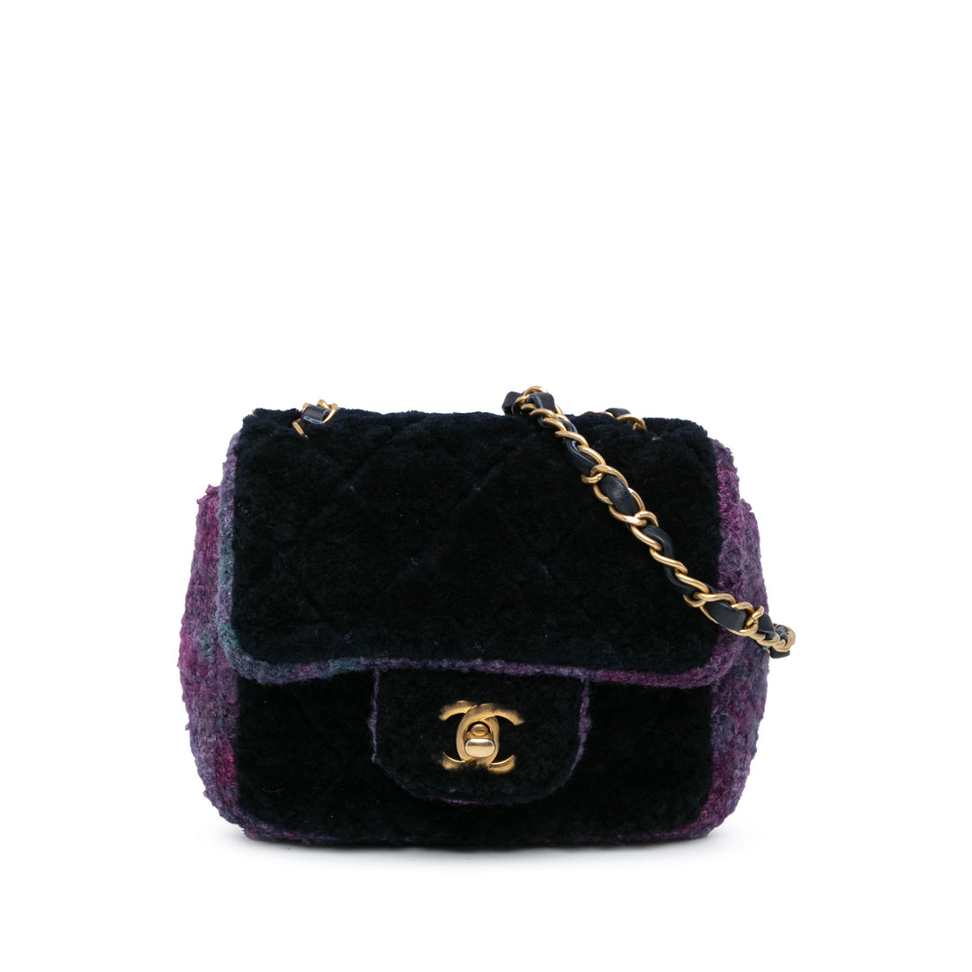 Chanel Mini Square Classic Multicolor Shearling Single Flap Blue - GABY PARIS