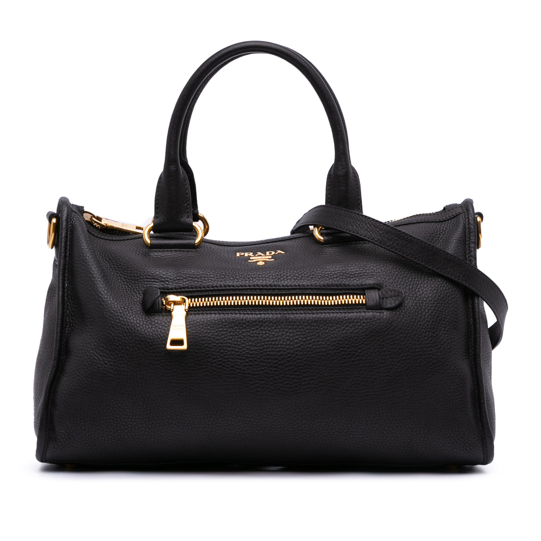 Vitello Daino Zip Top Satchel Black - Gaby Paris