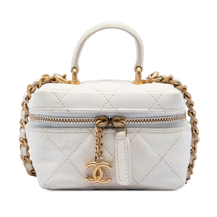 Chanel CC Matelassé Chaîne Zippé Vanity Mini Cuir caviar Blanc – vue principale – GABY PARIS