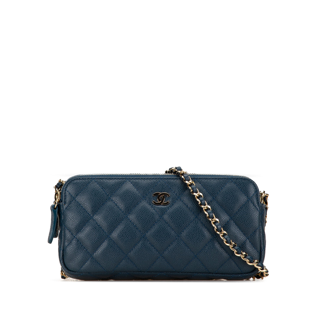 Quilted Caviar Clutch with Chain Blue - Gaby Paris