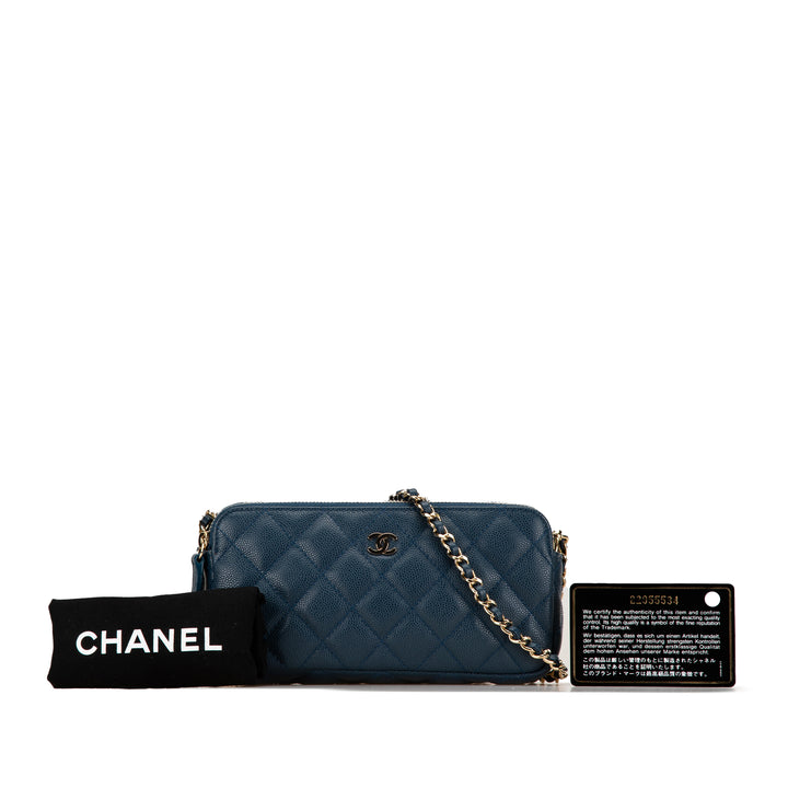 Quilted Caviar Clutch with Chain Blue - Gaby Paris