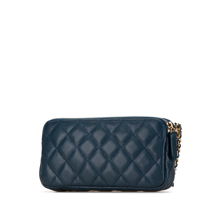 Quilted Caviar Clutch with Chain Blue - Gaby Paris