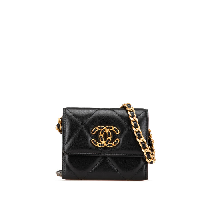 Chanel Matelassé Chanel 19 Porte-cartes avec chaîne Cuir d'agneau
