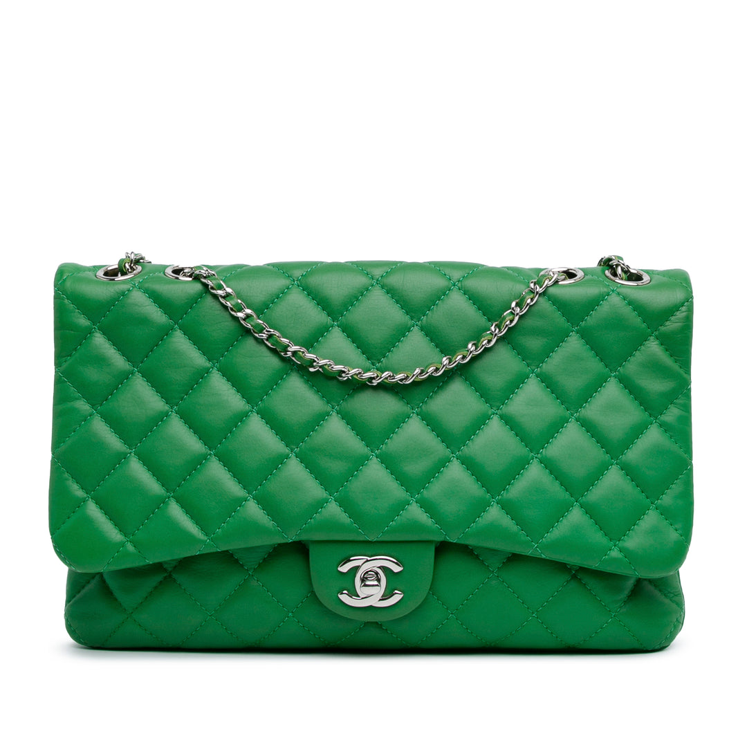 Quilted Lambskin Double Compartment Chain Flap Green - Gaby Paris